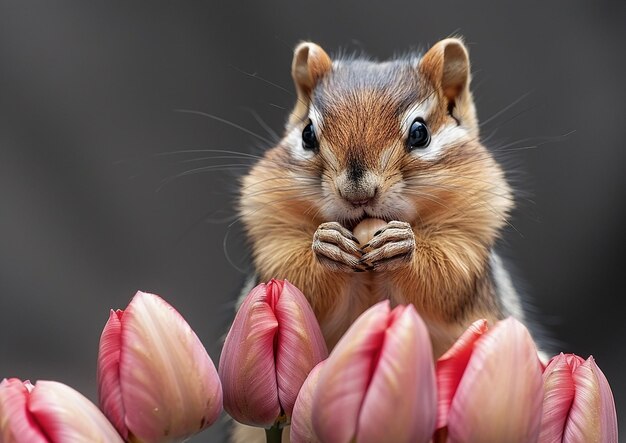 Foto een eekhoorn zit voor een paar tulpen