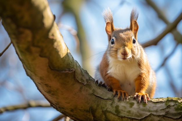 een eekhoorn zittend op een boomtak kijkend naar de camera