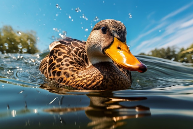 Een eend met een gele snavel die in het water zwemt