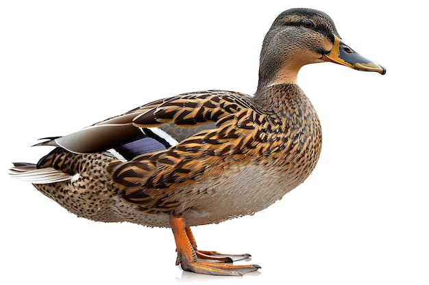 een eend met een paarse snavel en een zwarte vlek op zijn rug