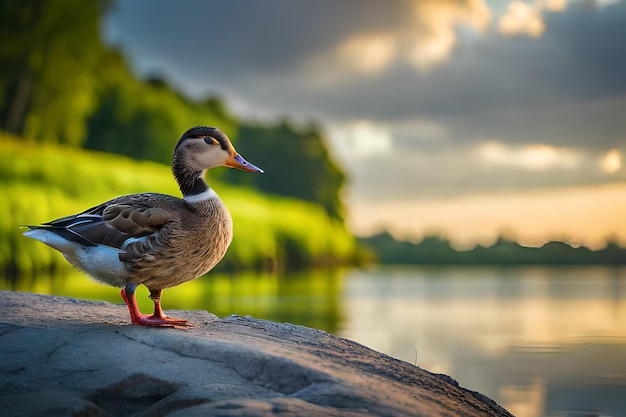 Een eend op een rots bij een rivier