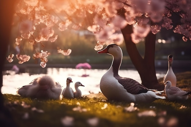 Een eendenfamilie met roze bloemen op de achtergrond