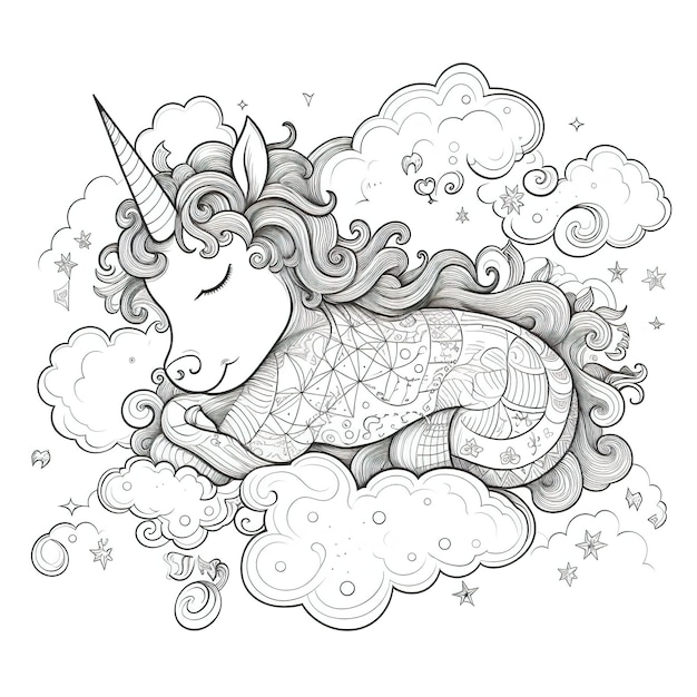 Een eenhoorn die slaapt in een wolk met een patroon van sterren.