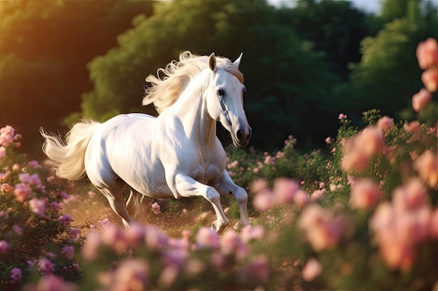 Een eenhoorn Witte eenhoorn loopt in dromen bloemen Generatieve Ai