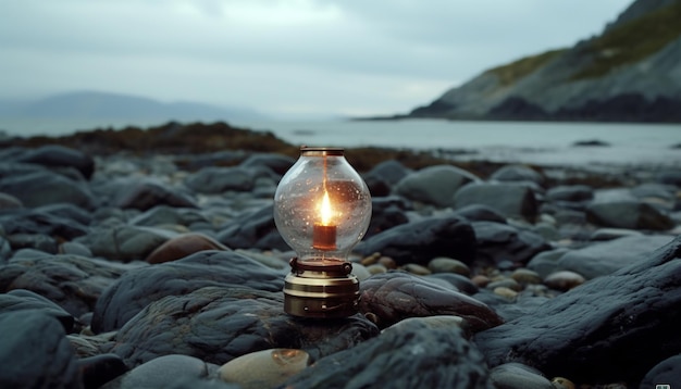 een eenvoudig modern kaarsglas op een natte rotslac op de achtergrond heel rustig