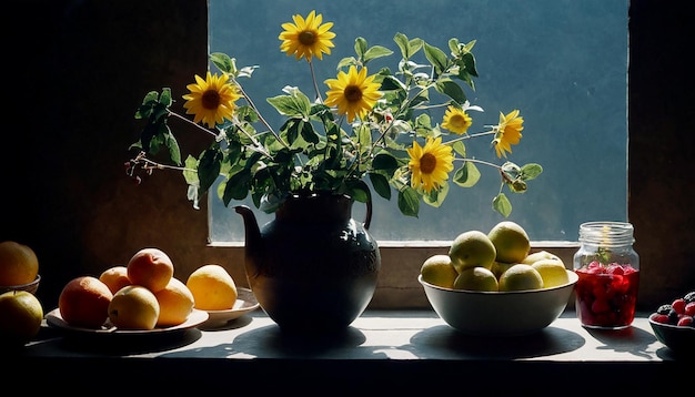 Een eenvoudig provinciale stilleven met fruit en bloemen.