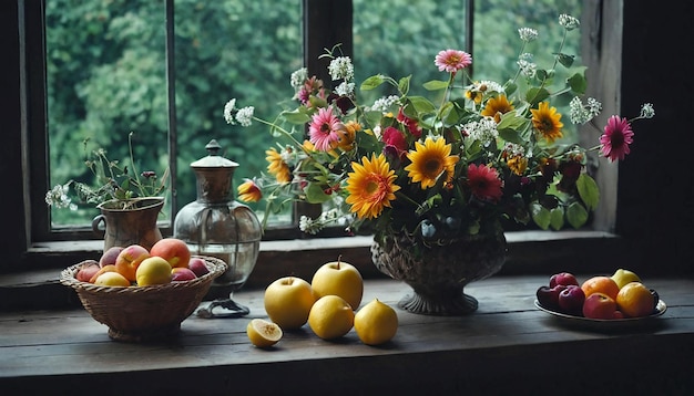 Een eenvoudig provinciale stilleven met fruit en bloemen.