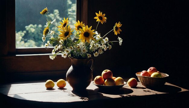 Een eenvoudig provinciale stilleven met fruit en bloemen.