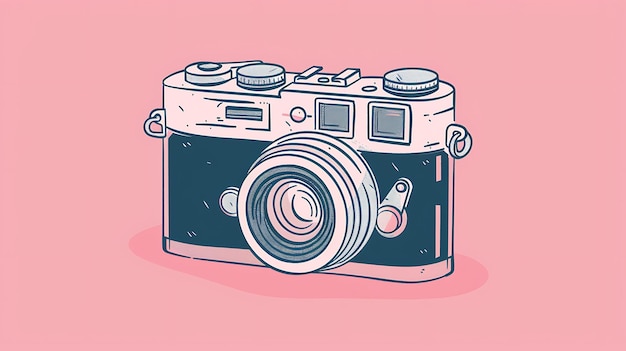 Een eenvoudige en elegante illustratie van een vintage camera De camera is getekend in een lijn kunst stijl met een paar pops van kleur