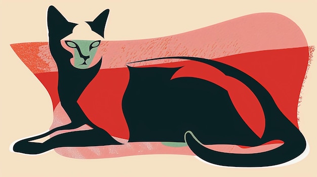Een eenvoudige en elegante illustratie van een zwarte kat die rusten De kat is afgebeeld in een minimalistische stijl met een paar eenvoudige lijnen en vormen
