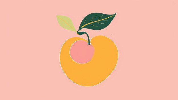 Een eenvoudige illustratie van een perzik De perzik is geel met een roze roodheid en heeft een groen blad De perzik staat op een roze achtergrond