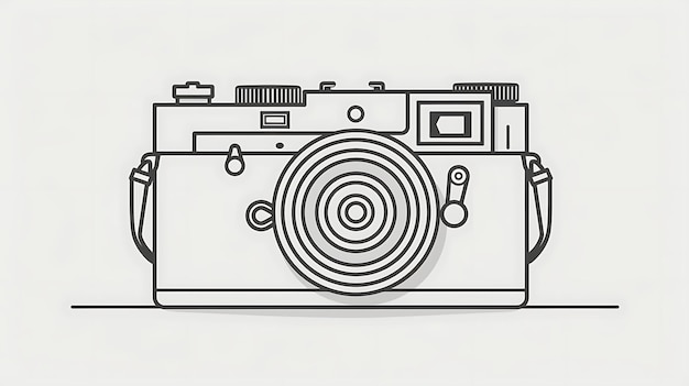 Een eenvoudige lijntekening van een vintage camera de camera heeft een riem en een lens het is getekend in zwart-wit