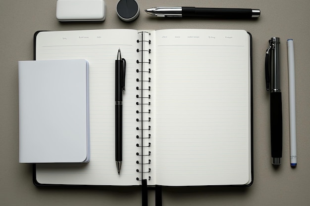 Een eenvoudige maar effectieve tool voor bedrijfsplanning een blanco notitieboekje en pen op een schone witte achtergrond Gegenereerd door AI