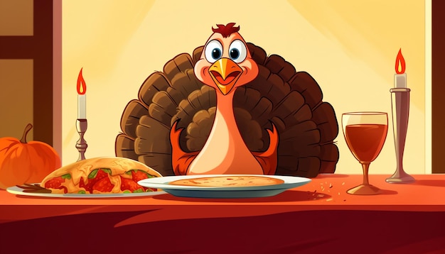 een eenvoudige, schattige cartoon van een kalkoen die tijdens een Thanksgiving-diner zit