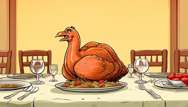 een eenvoudige, schattige cartoon van een kalkoen die tijdens een Thanksgiving-diner zit