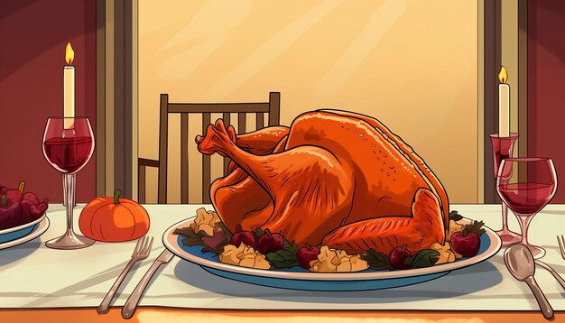 een eenvoudige, schattige cartoon van een kalkoen die tijdens een Thanksgiving-diner zit