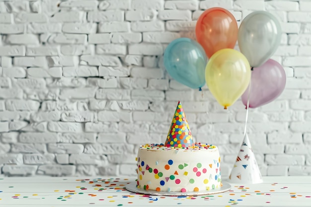 Een eenvoudige verjaardagstaart met kleurrijke ballonnen