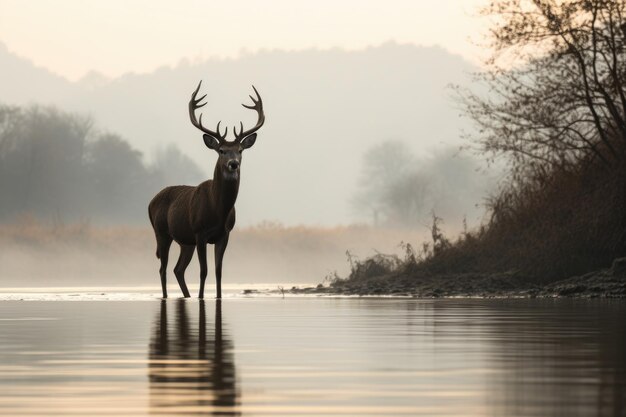 Foto een eenzaam hert dat majestueus in de ochtendmist staat