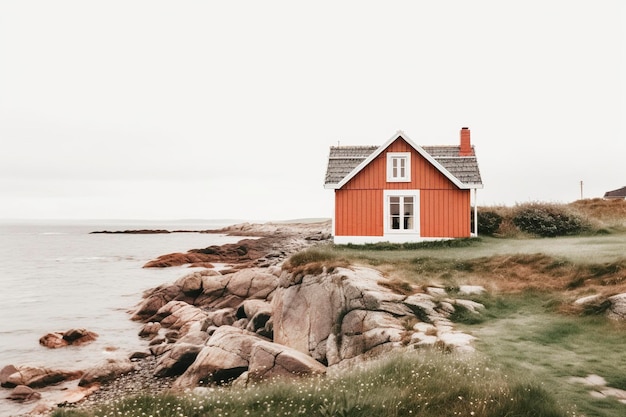 Foto een eenzaam huisje op een heuvelrug aan de kust ai gegenereerd