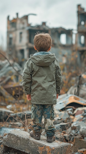 Een eenzaam jong kind in een groen jasje dat midden in de geslote gebouwen in een conflictgebied staat
