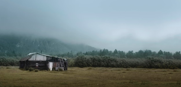 Een eenzaam landelijk eenvoudig arm huis in de buurt van de heuvels onder een dikke ochtendmist in de buurt van het bos een huis op