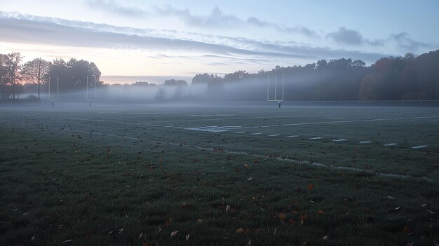 Foto een eenzaam voetbalveld zit leeg en nog steeds in de vroege ochtend mist