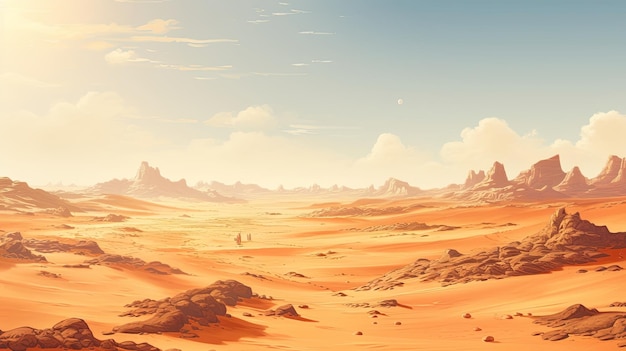 Een eenzaam woestijnlandschap met eindeloze zandduinen onder de uitgestrekte lucht een serene afbeelding van ongerepte schoonheid en grenzeloze horizonten gegenereerd door AI