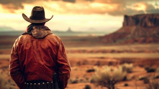 Foto een eenzame amerikaanse cowboy die naar de woestijn horizon staart.