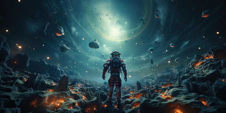 Een eenzame astronaut vliegt naar het einde van de sterren in de Melkweg.