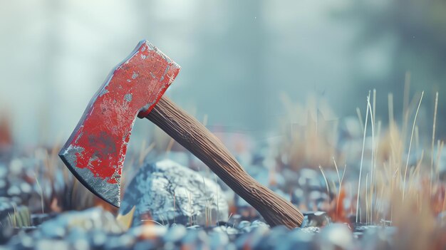 Foto een eenzame bijl bedekt met bloedvlekken ligt weggegooid op een stapel rotsen