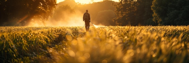 Een eenzame boer in een gouden tarweveld bij de irrigatie bij zonsondergang