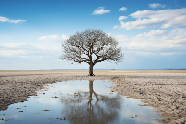 een eenzame boom die in een plas water staat