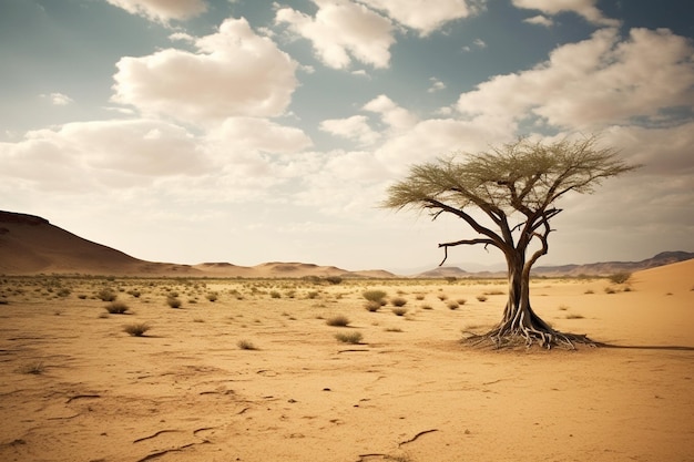 een eenzame boom in de woestijn met een hemelachtergrond