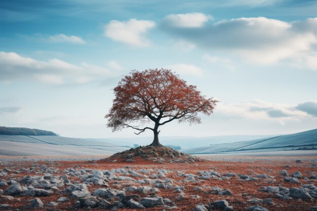 een eenzame boom in een dor veld met een blauwe lucht op de achtergrond