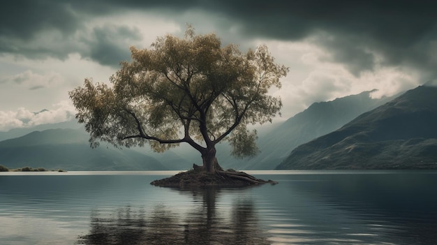 Een eenzame boom in een meer met bergen op de achtergrond