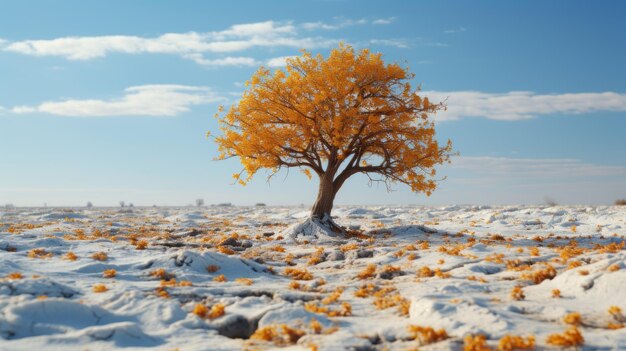 een eenzame boom in een met sneeuw bedekt veld