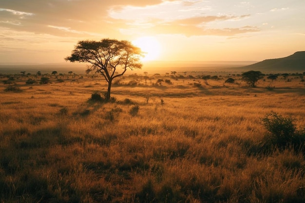 een eenzame boom in een veld met een zonsondergang op de achtergrond