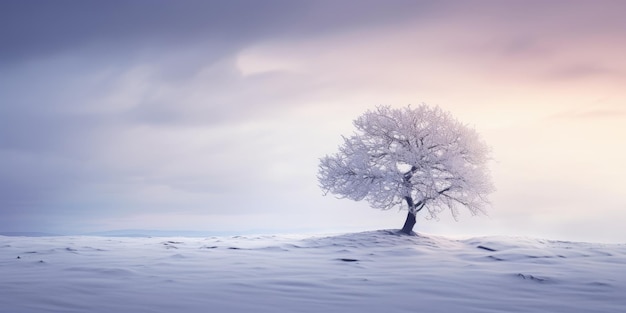 een eenzame boom in het midden van een besneeuwd veld