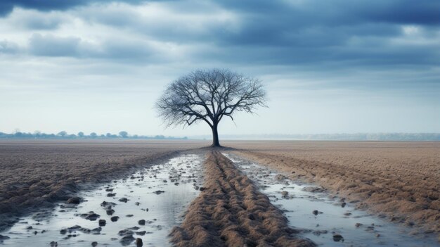 een eenzame boom midden in een modderig veld