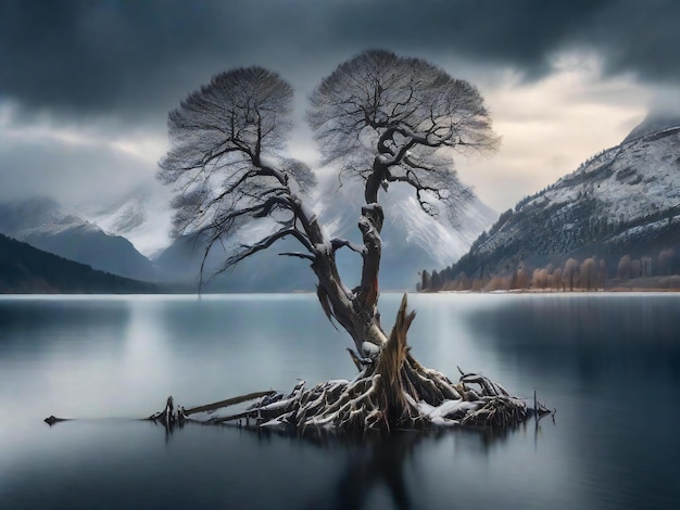 een eenzame boom staat aan de oever van een meer met bergen op de achtergrond