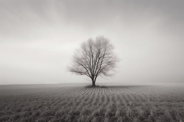 een eenzame boom staat alleen in een mistig veld