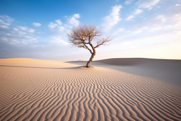 Een eenzame boom staat in het midden van een zandduin.