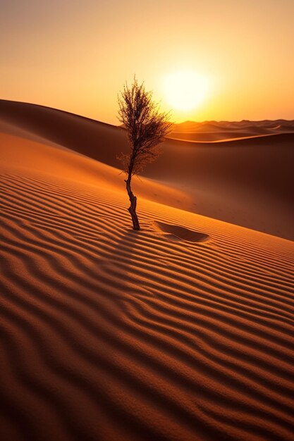 Een eenzame boom staat in het zand van een woestijn.