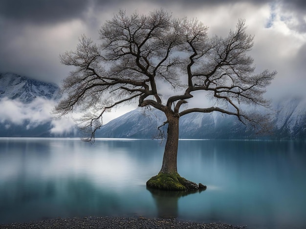 een eenzame boom staat midden in een meer