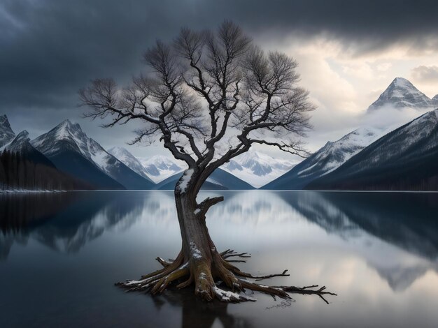 Foto een eenzame boom staat midden in een meer