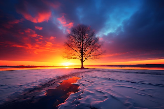 Foto een eenzame boom tegen een vurige zonsondergang