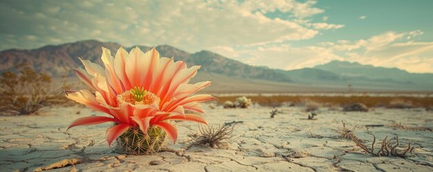 Een eenzame cactusbloem die levendig bloeit tegen de sterk dorre achtergrond van de uitgestrekte