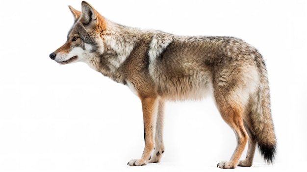 Een eenzame coyote Canis latrans geïsoleerd op witte achtergrond w in de wintersneeuw in Canada genereren ai
