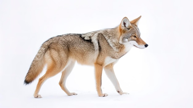 Een eenzame coyote Canis latrans geïsoleerd op witte achtergrond wandelen en jagen in de wintersneeuw in Canada genereren ai