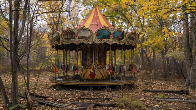 Een eenzame en vergeten carrousel zit in het midden van een overgroeid en verlaten pretpark